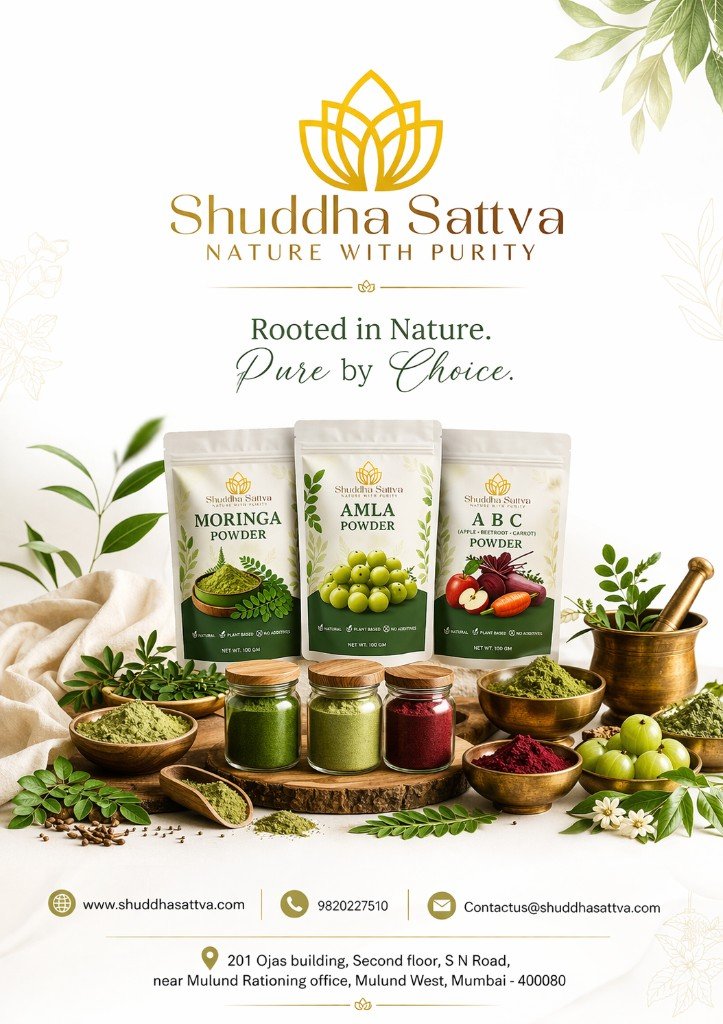 Shuddha Sattva — Moringa, Amla, and ABC natural powders; Nature with Purity.
