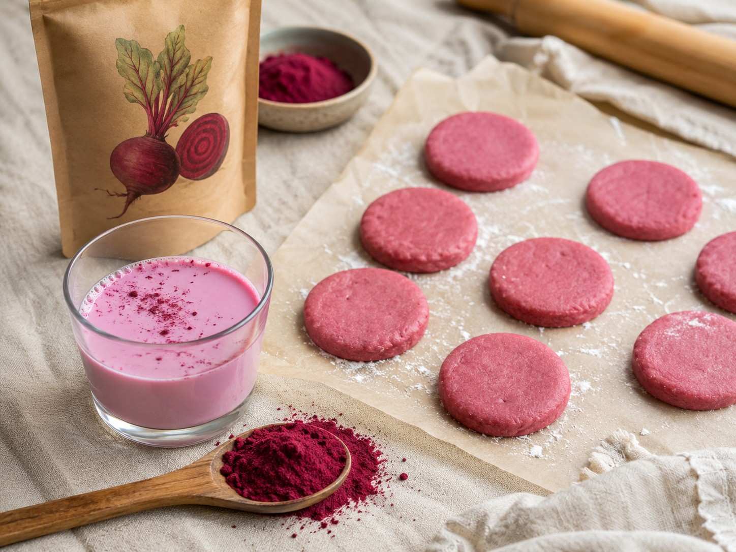 A wooden spoon of magenta beetroot powder beside soft pink cookie dough discs and Shuddha Sattva beetroot powder pack on cream linen
