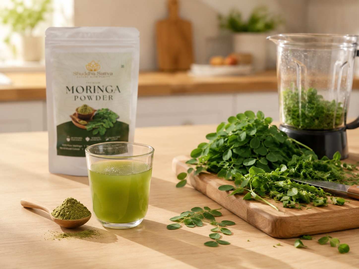 A small bowl and spoon of moringa powder beside a glass of water, next to a chopping board piled with fresh leafy greens and a blender jar of green juice